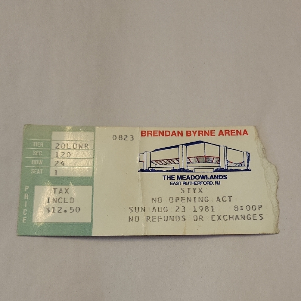 Styx Vintage Concert Ticket Brendan Byrne Arena